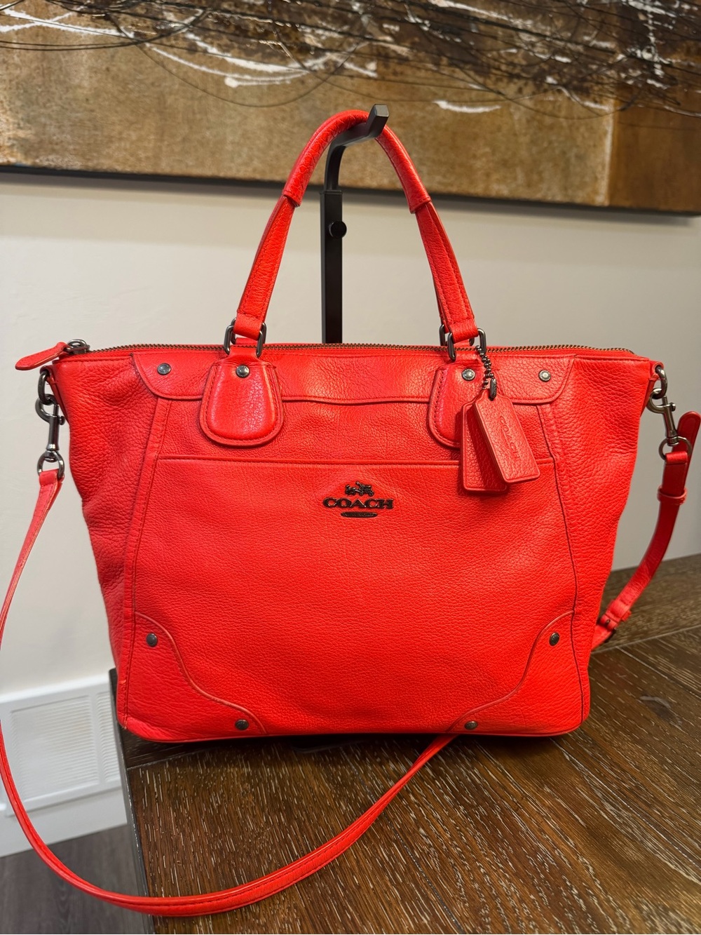 Coach Mickie Satchel in Cardinal Pebbled Leather with Detachable Strap F34040